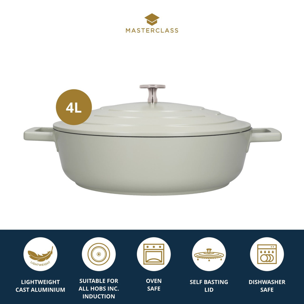 MasterClass Cast Aluminium Shallow Casserole Dish, 4L, Mint Green