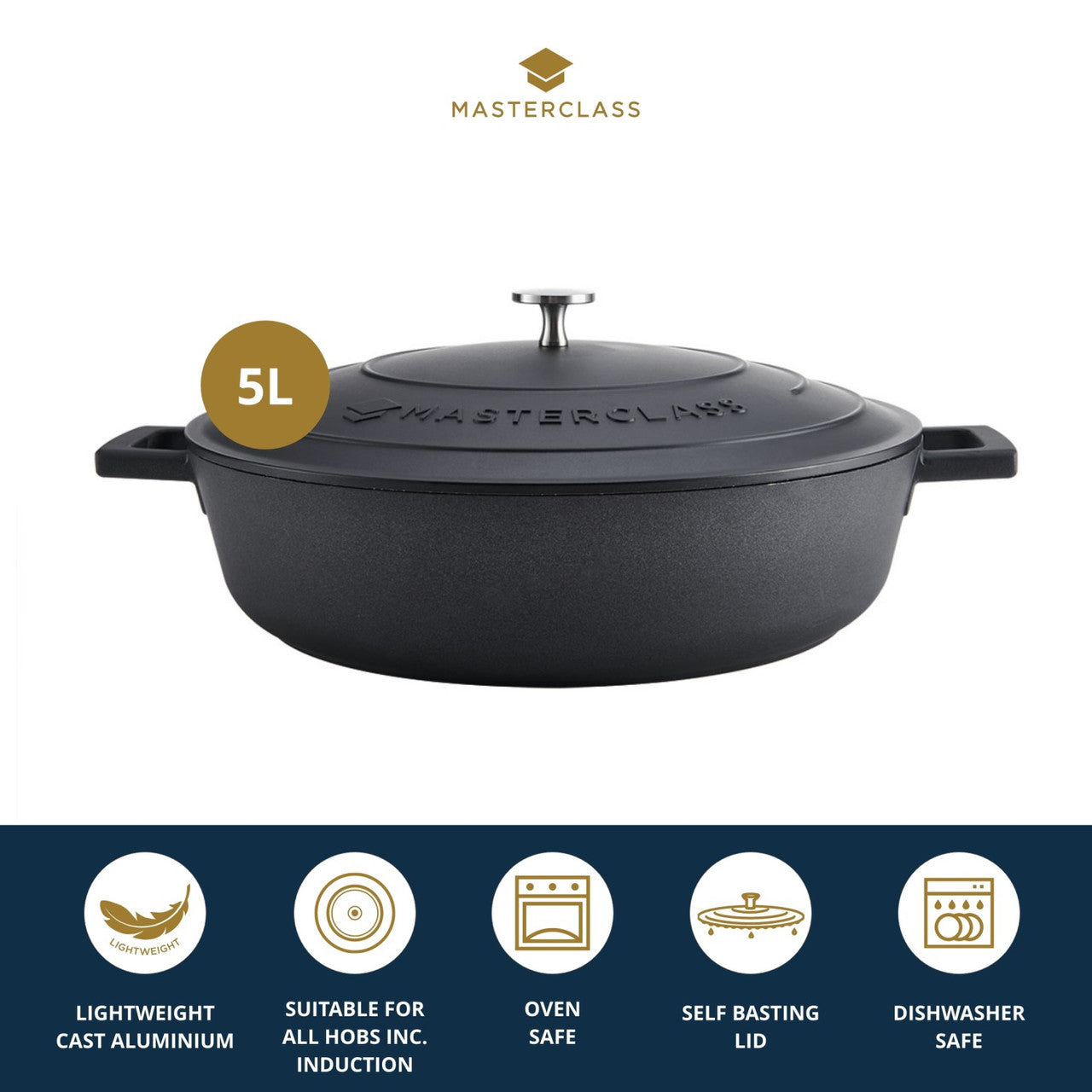 MasterClass Cast Aluminium Shallow Casserole Dish, 5L, Black